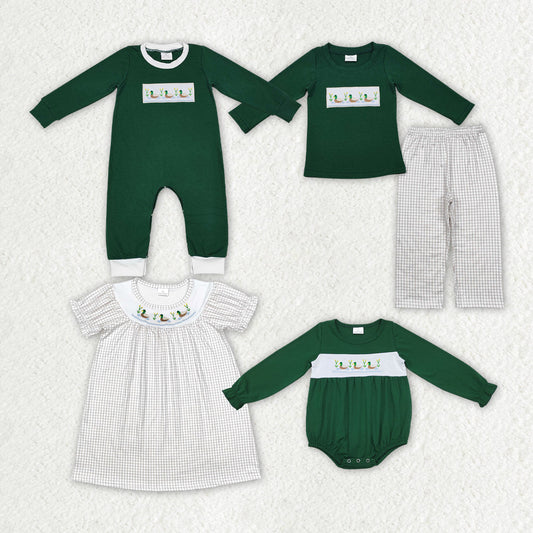 Baby Boy Girl Embroidery Ducks Sibling Green Dress Romper Clothes Set