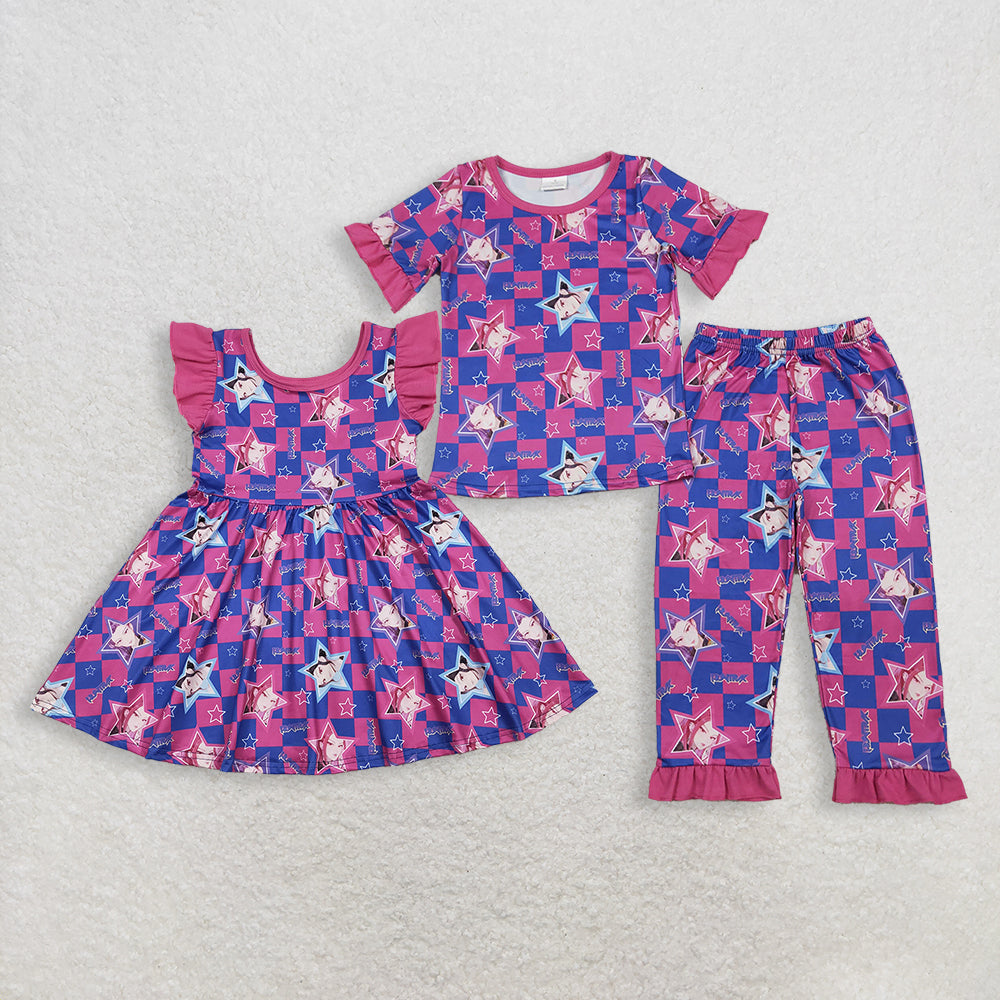 Sibling Baby Girls Kids Short Sleeves Singer Stars Plaid Dress Pajamas Set RTS