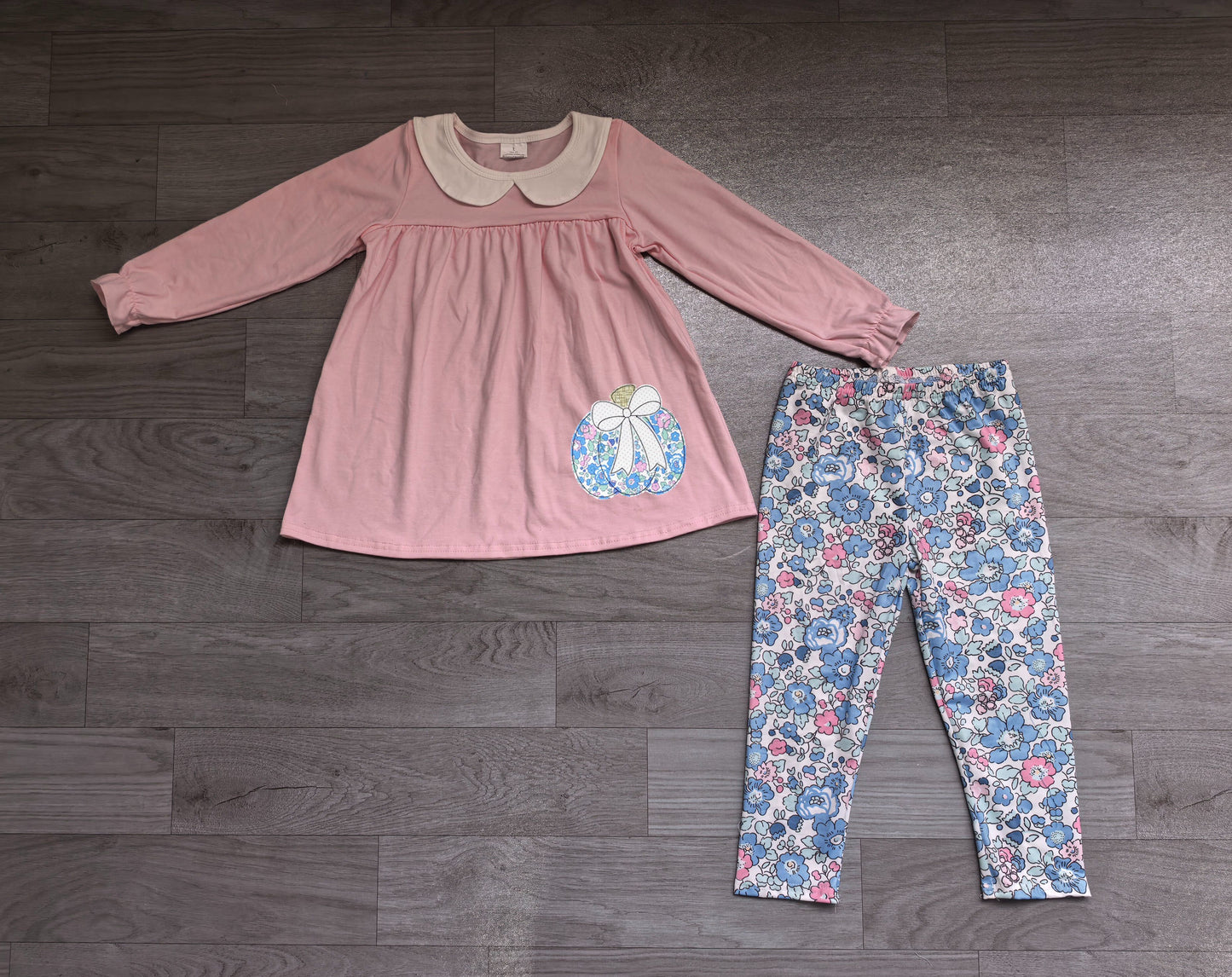 ( No moq ) Preorder Baby Girls Kids Embroidery Pumpkin Bow Tunic Flower Pants Set Fall Clothes