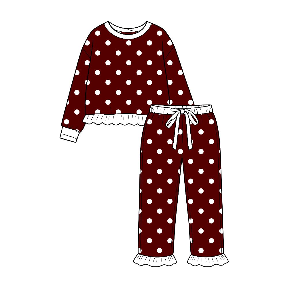 ( Moq 5 ) Preorder Baby Girls Kids Long Sleeves Dots Shirt Ruffle Pants Set Dark Red Clothes