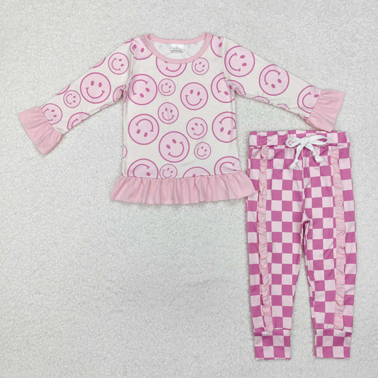 Baby Girl Long Sleeves Smile Shirt Checkered Pants Pink Set