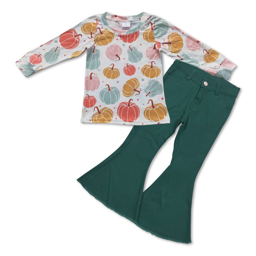 Baby Girl Long Sleeves Pumpkin Shirt Green Denim Pants Jeans Fall Outfit