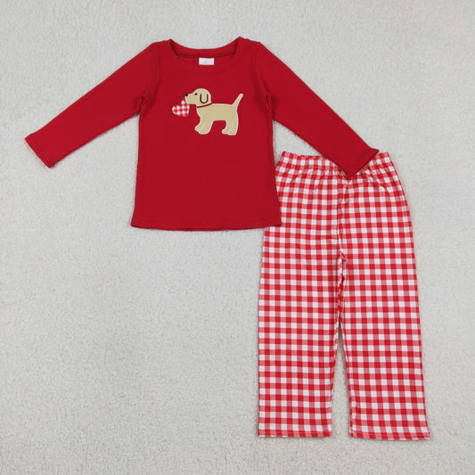 Baby Boys Red Long Sleeves Embroidery Dog Heart Shirt Plaid Pants Valentine Set RTS