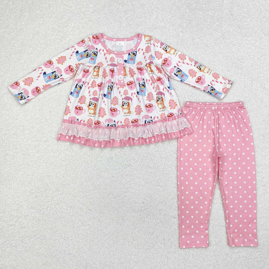 Baby Girl Long Sleeves Christmas Dog Ruffle Tops Dots Pink Pants Set