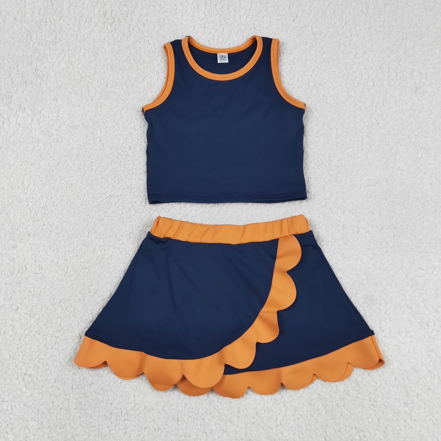 Baby Girls Kids Navy Tops Scallop Skirt Shorts Yoga Active Set Summer Clothes RTS