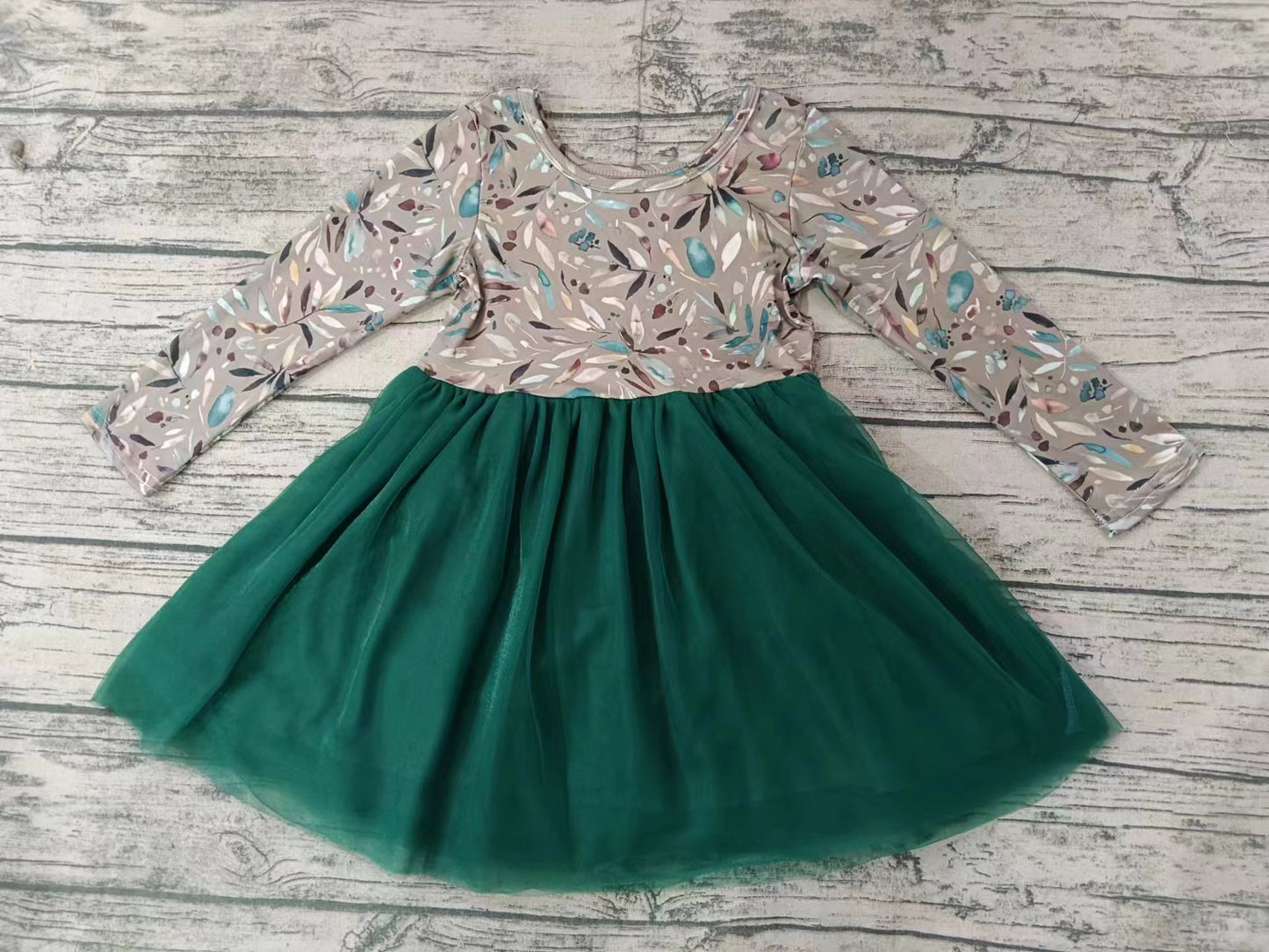 Baby Girl Long Sleeves Leaves Green Tulle Twirl Dress