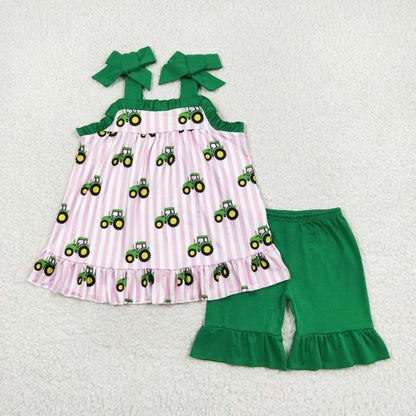 Baby Boy Girl Sibling Green Tractors Romper Set