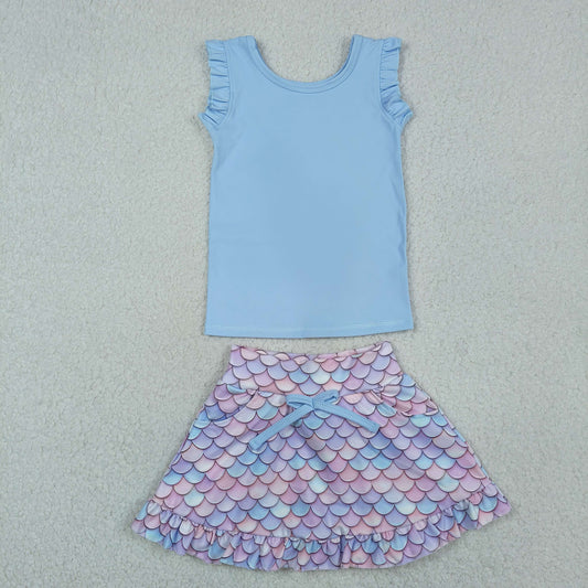 Baby Girls Kids Blue Tops Pockets Scallop Skirt Shorts Yoga Clothes Summer Set RTS