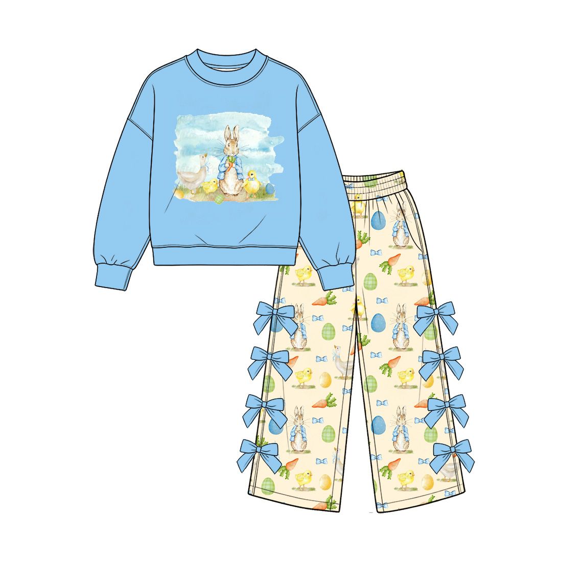 ( Moq 5 ) Preorder Baby Girls Kids Blue Shirt Rabbits Eggs Carrots Bows Pants Easter Set Clothes