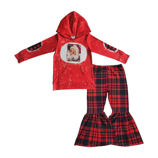 Baby Girl Christmas Long Sleeves Hoodie Santa Shirt Red Black Plaid Bell Pants Outfit