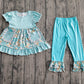 Baby Girls Kids Short Sleeves Flower Pockets Plaid Tunic Ruffle Blue Pants Clothes Set RTS