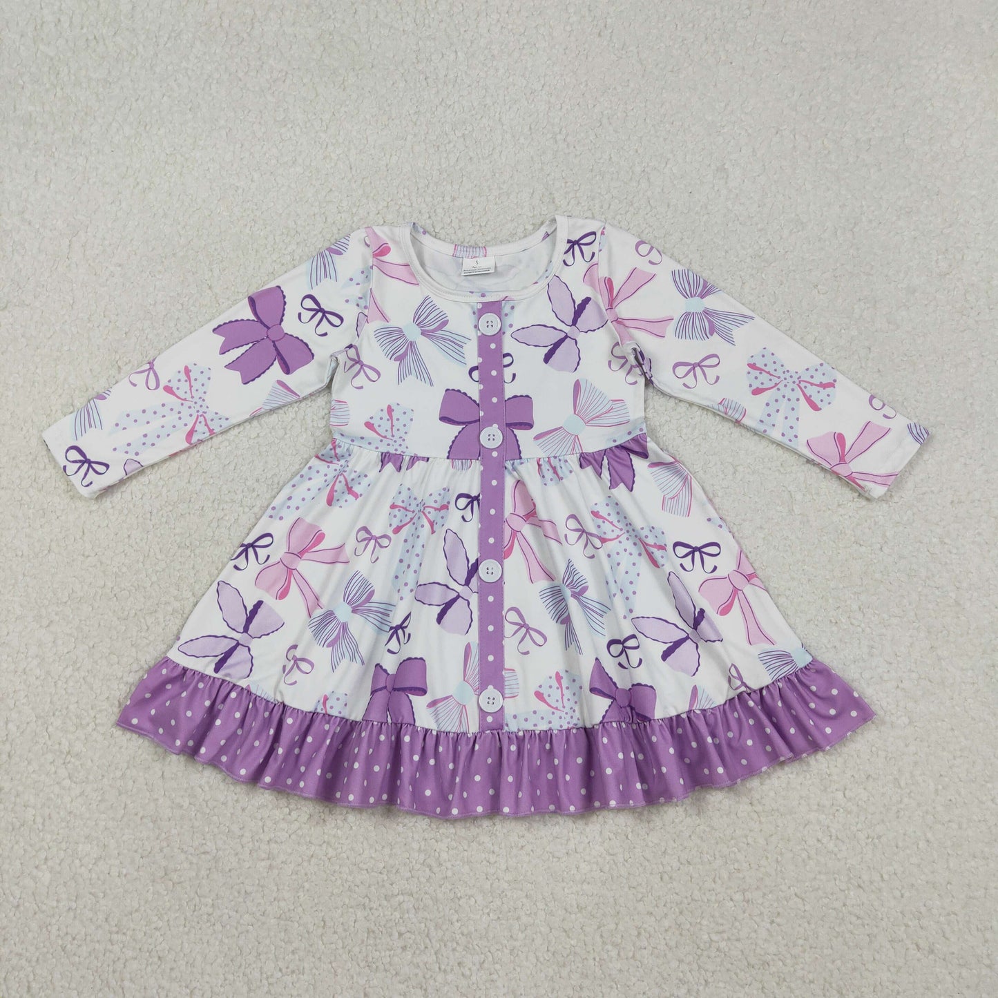 Baby Girl Kids Long Sleeves Bows Knee Length Purple Ruffle Dress RTS