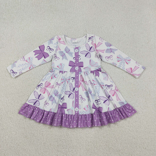 Baby Girl Kids Long Sleeves Bows Knee Length Purple Ruffle Dress RTS
