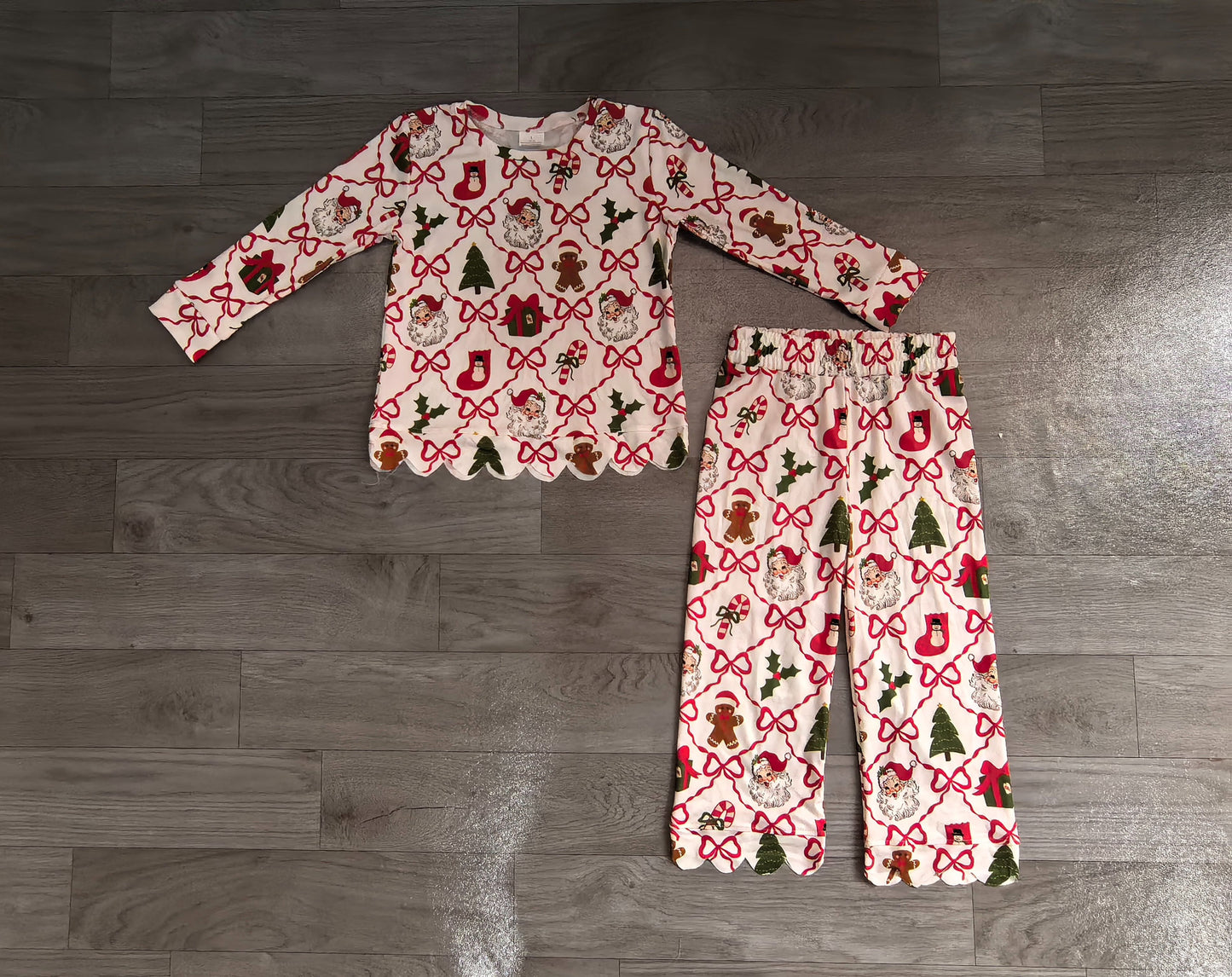 ( No moq ) Preorder Baby Girls Kids Christmas Santa Bows Shirt Scallop Pants Set Clothes