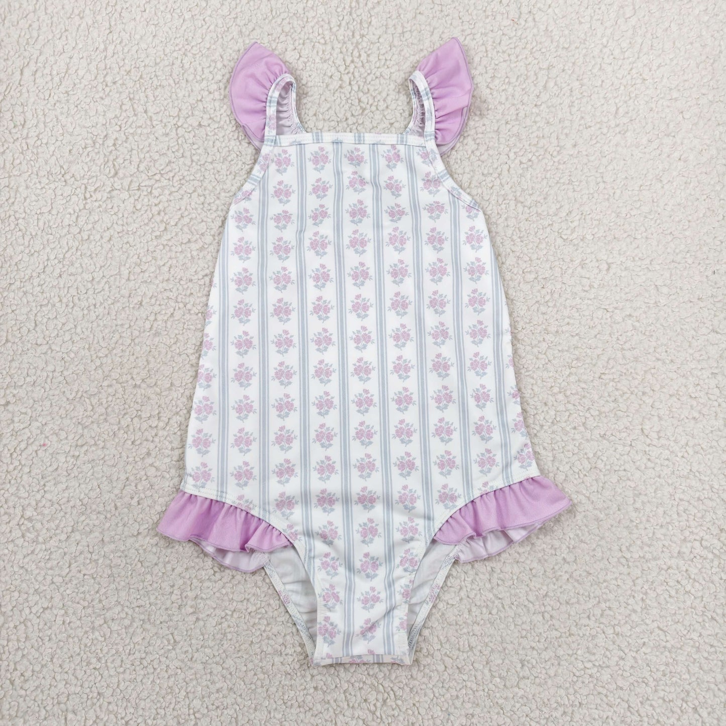 Baby Girls Sleeveless Flower 4th of July Purple Ruffle One-piece Swimsuit RTS