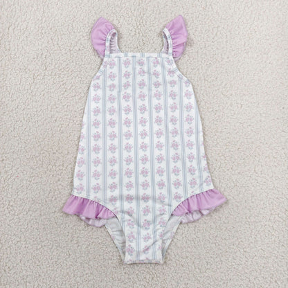 Sibling Baby Girls Kids Flower Purple Ruffle Swimsuits Summer Clothes RTS