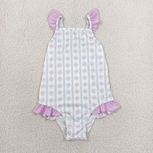 Baby Girls Sleeveless Flower 4th of July Purple Ruffle One-piece Swimsuit RTS