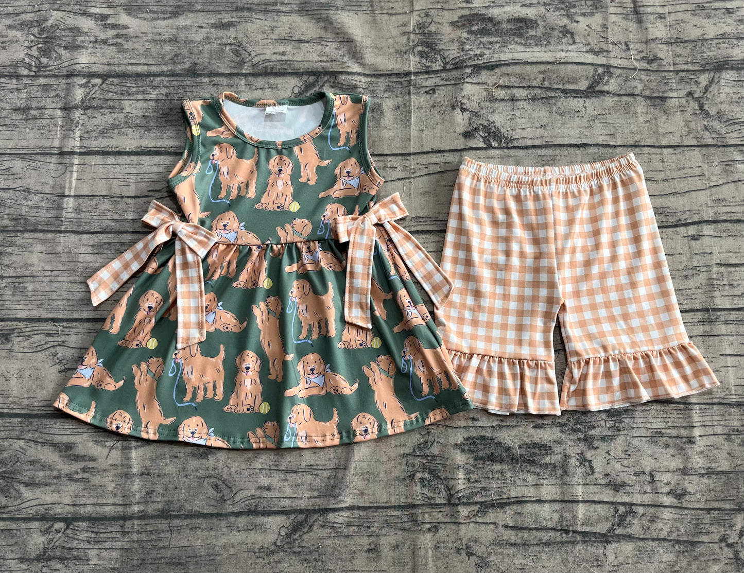 Baby Girl Toddler Dogs Bows Tunic Plaid Ruffle Shorts Set RTS