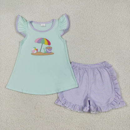 Baby Girl Short Sleeves Embroidery Beach Tunic Purple Stripes Shorts Set RTS