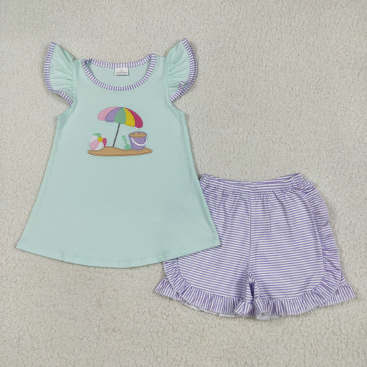 Baby Girl Short Sleeves Embroidery Beach Tunic Purple Stripes Shorts Set RTS