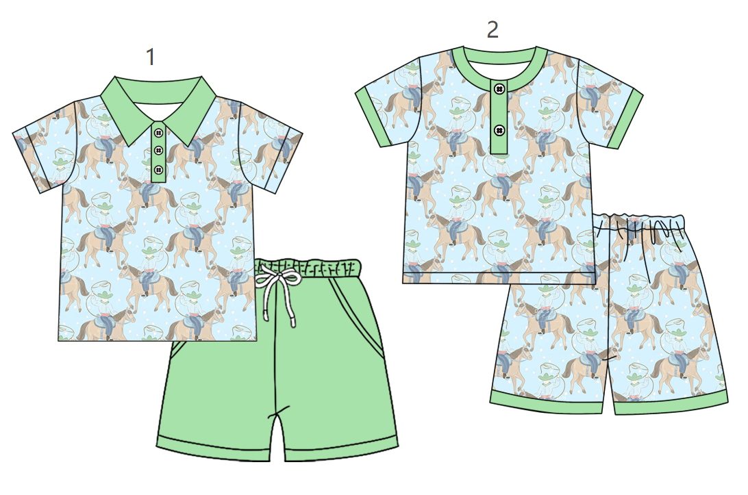 ( Moq 5 Each Style ) Sibling Baby Boys Kids Short Sleeves Horse Shirts Shorts Green Sets Summer Clothes