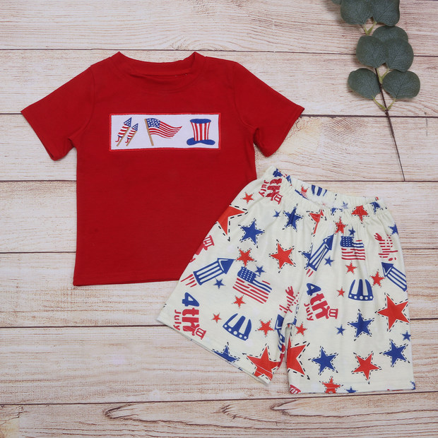 Moq 3 Pre-order BSSO0726 July 4th Baby Boy Short Sleeves Shirt Stars Flag Shorts Set