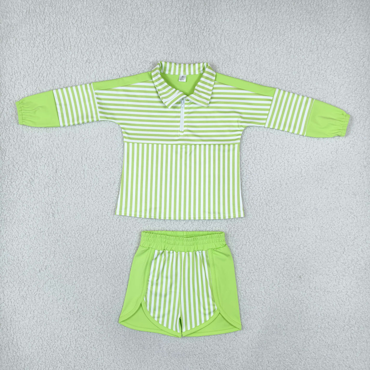 Baby Girls Kids Long Sleeves Green Stripes Zipper Pullover Shorts Yoga Active Set Clothes RTS