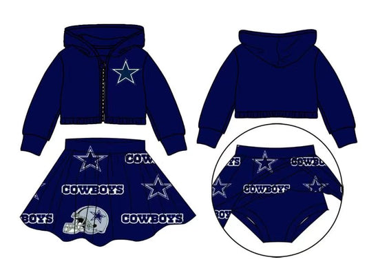Baby Girl Toddler Navy Blue Zipper Hoodie Tops Cowboys Skirt Shorts Team Set Moq 5
