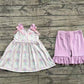 Baby Girl Straps Floral Bows Tunic Tops Purple Ruffle Cotton Shorts Set RTS