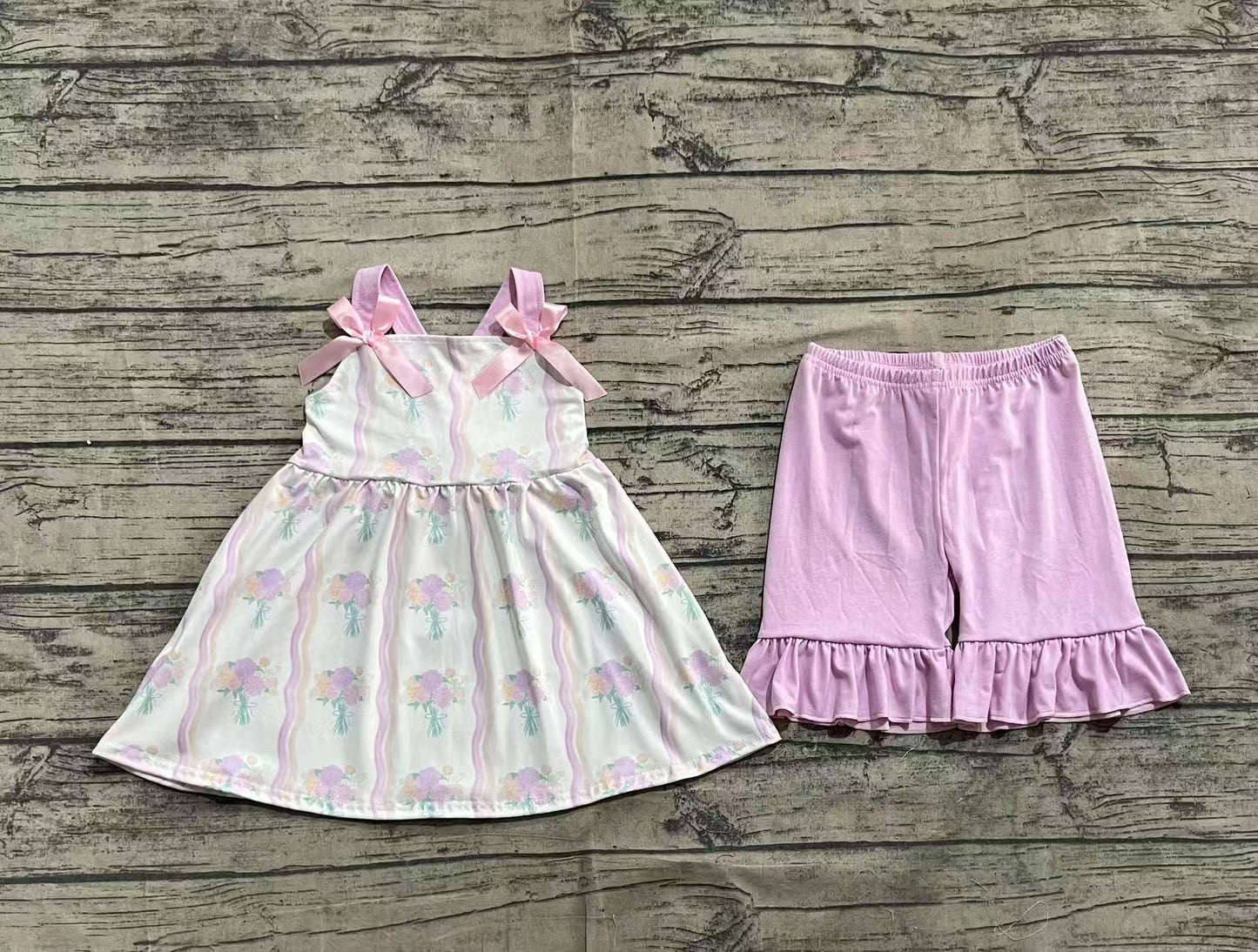 Baby Girl Straps Floral Bows Tunic Tops Purple Ruffle Cotton Shorts Set RTS