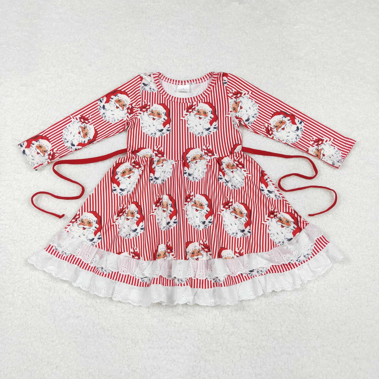 Baby Girl Long Sleeves Christmas Santa Red Stripes Ruffle Dress