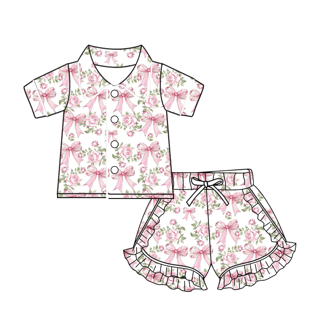 Baby Girl Short Sleeves Flower Bows Pink Buttons Shirt Ruffle Shorts Pajamas Set Moq 5