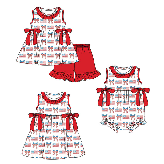 ( Moq 5 Each Style ) Baby Girls Kids Flags Bows Sibling 4th of July Romper Dress Set