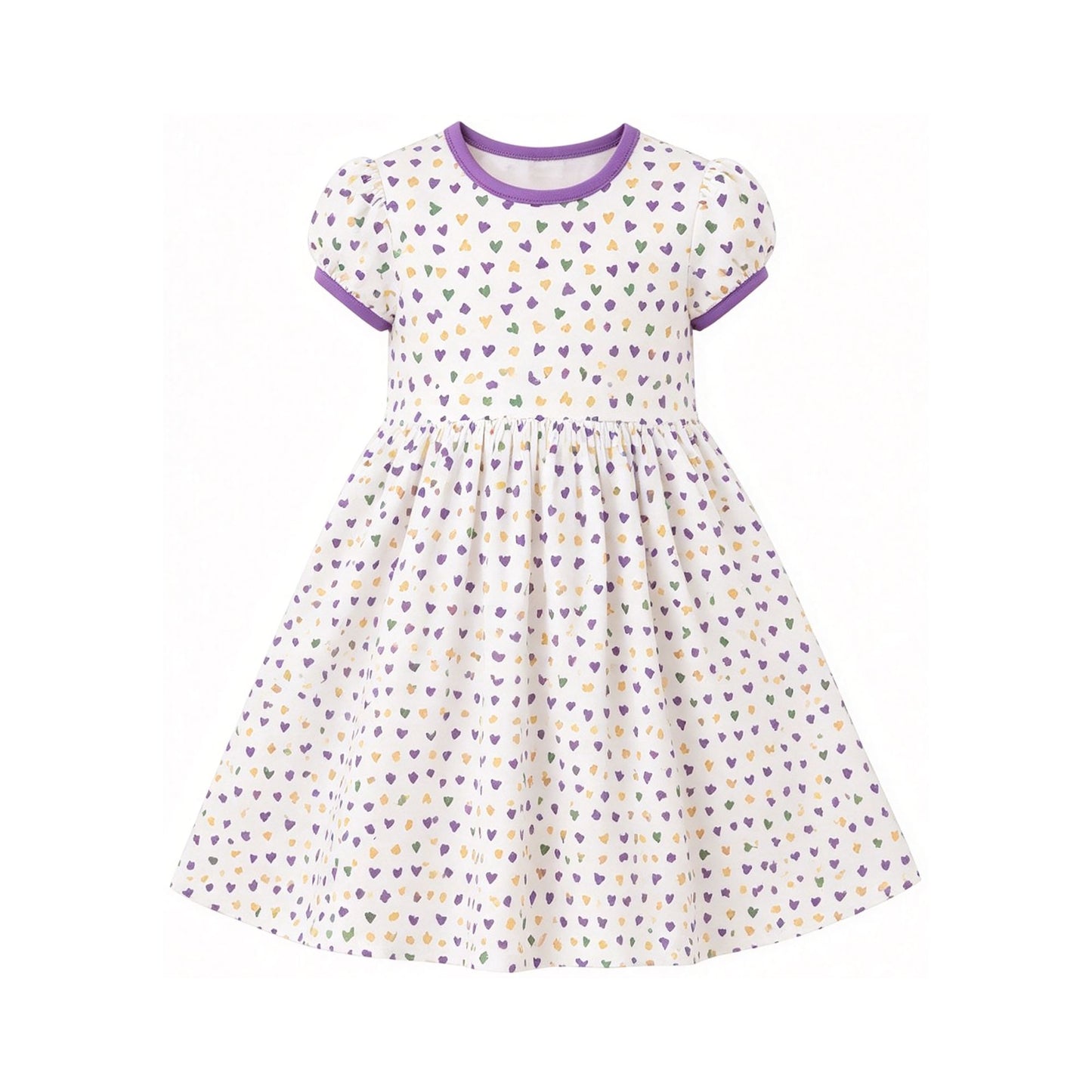 ( Moq 5 ) Preorder Baby Girls Kids Short Sleeves Hearts Mardi Gras Knee Length Dress Clothes
