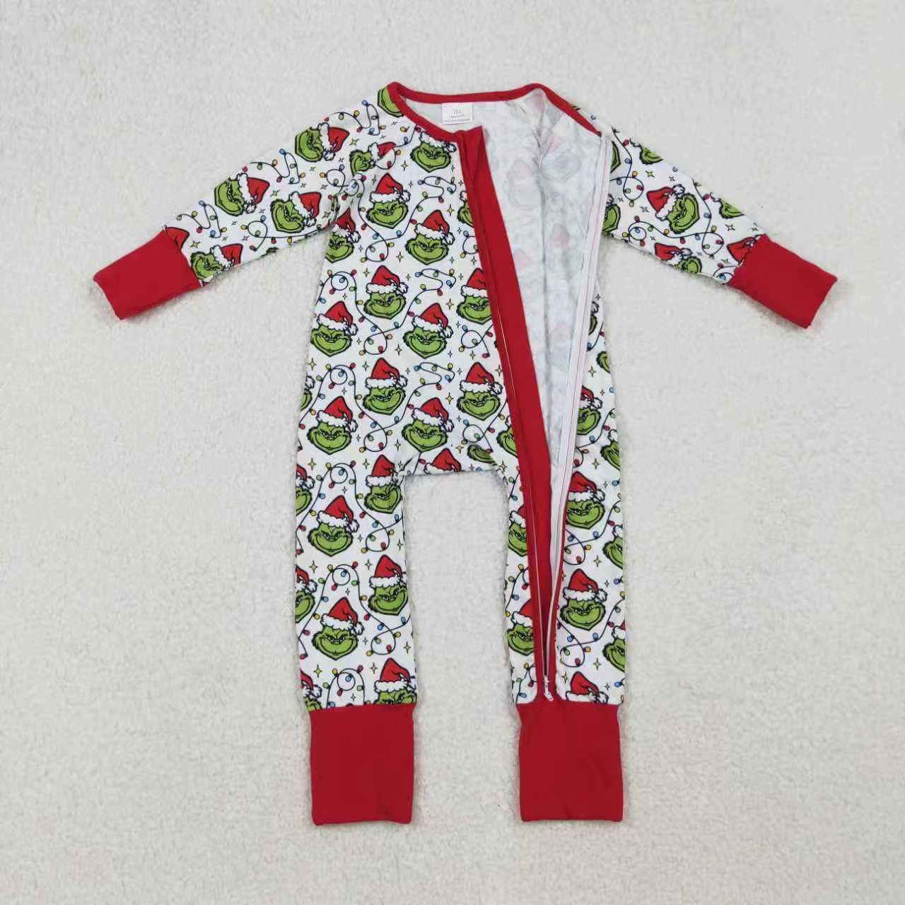 Sibling Boys Kids Long Sleeves Green Faces Lights Christmas Zipper Romper Pajamas Set RTS