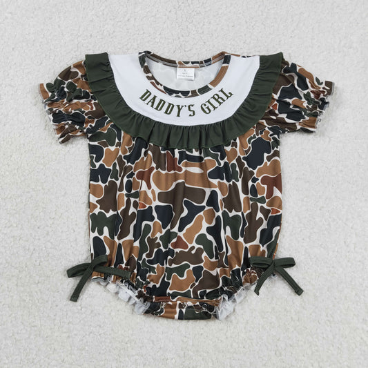 Baby Girls Short Sleeves Embroidery Daddy's Girl Brown Green Camo Bows Bubble Romper RTS