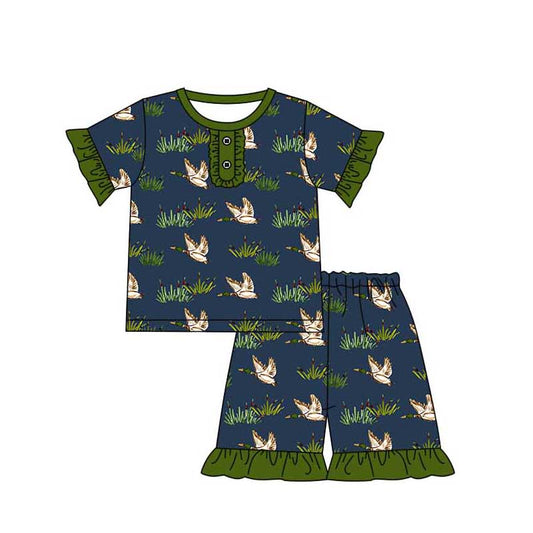 Baby Girl Ducks Short Sleeves Shirt Ruffle Shorts Pajamas Set Moq 5