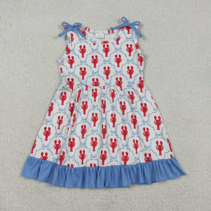 Sibling Baby Girls Toddler Sleeveless Crayfish Bows 4th of July Dress Set Clothes RTS