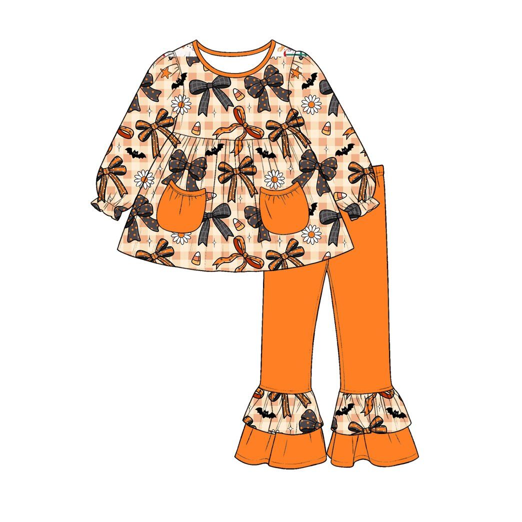 ( Moq 5 ) Preorder Baby Girls Kids Bows Flower Candy Pockets Tunic Ruffle Pants Halloween Set Clothes
