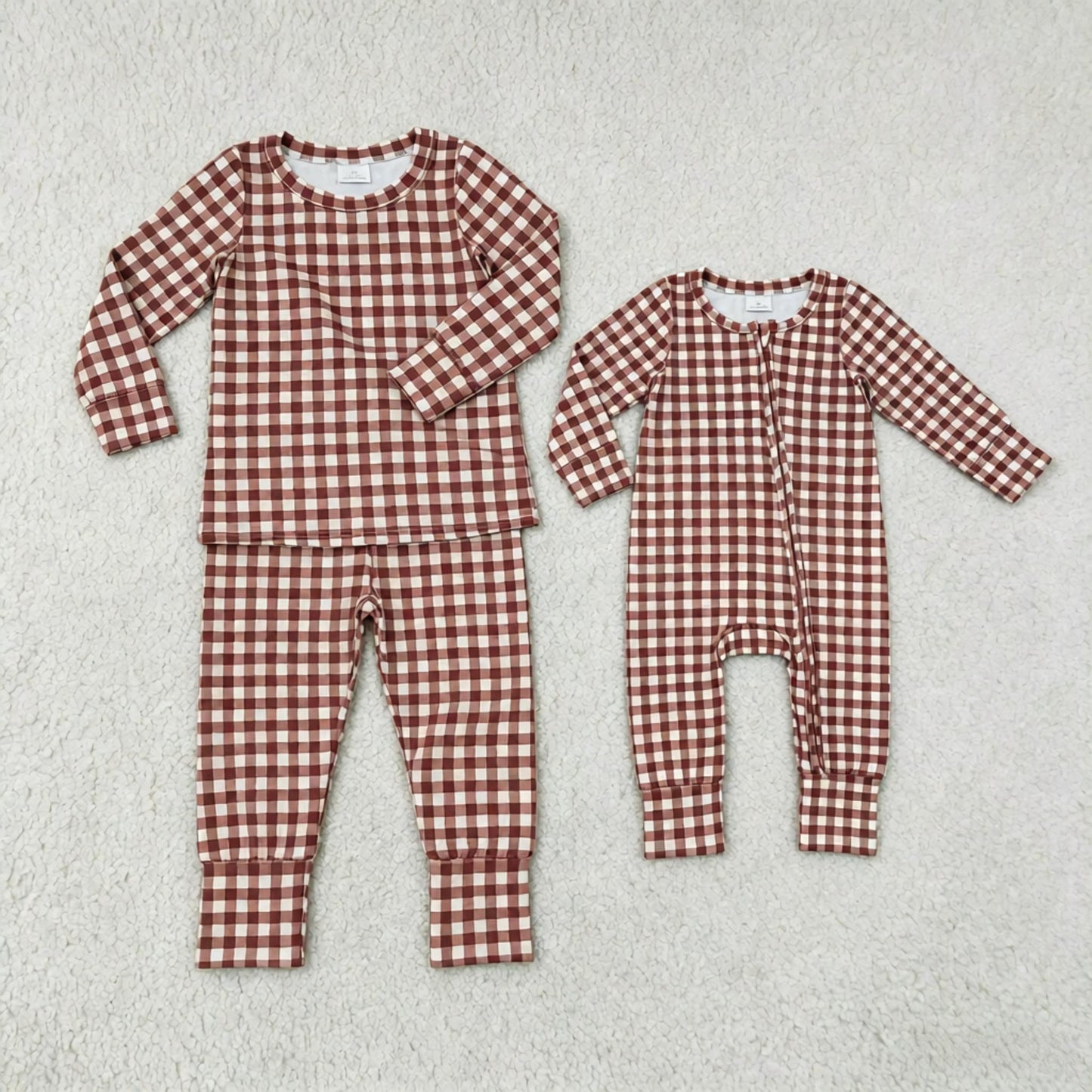 Sibling Baby Boys Kids Long Sleeves Plaid Zipper Footie Romper Pajamas Set Clothes RTS