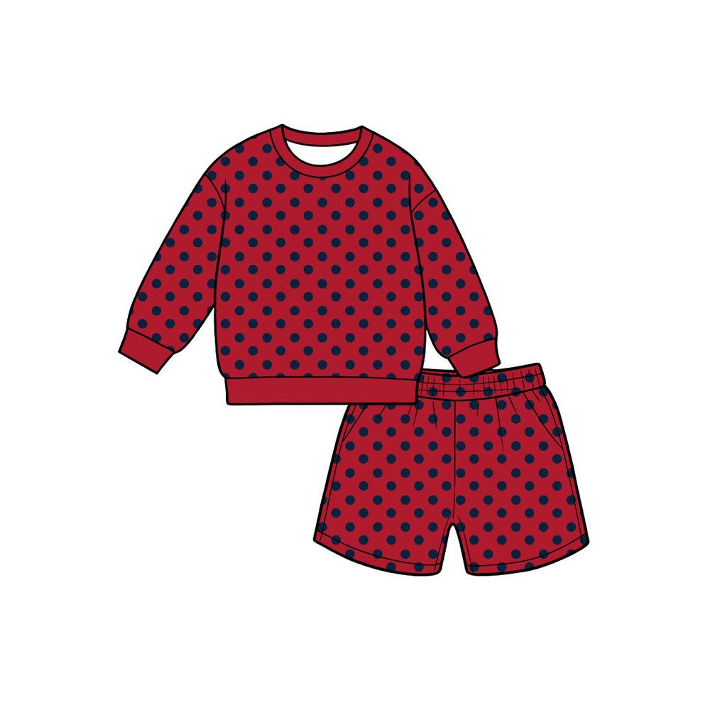 ( Moq 5 ) Preorder Baby Girls Kids Red Long Sleeves Navy Dots Shirt Pockets Shorts Set Clothes