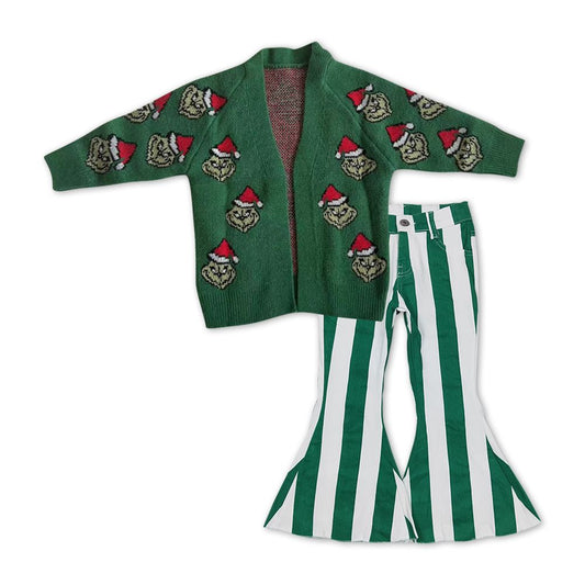 GLP1073 Baby Girl Christmas Face Sweater Green Stripes Denim Pants Set