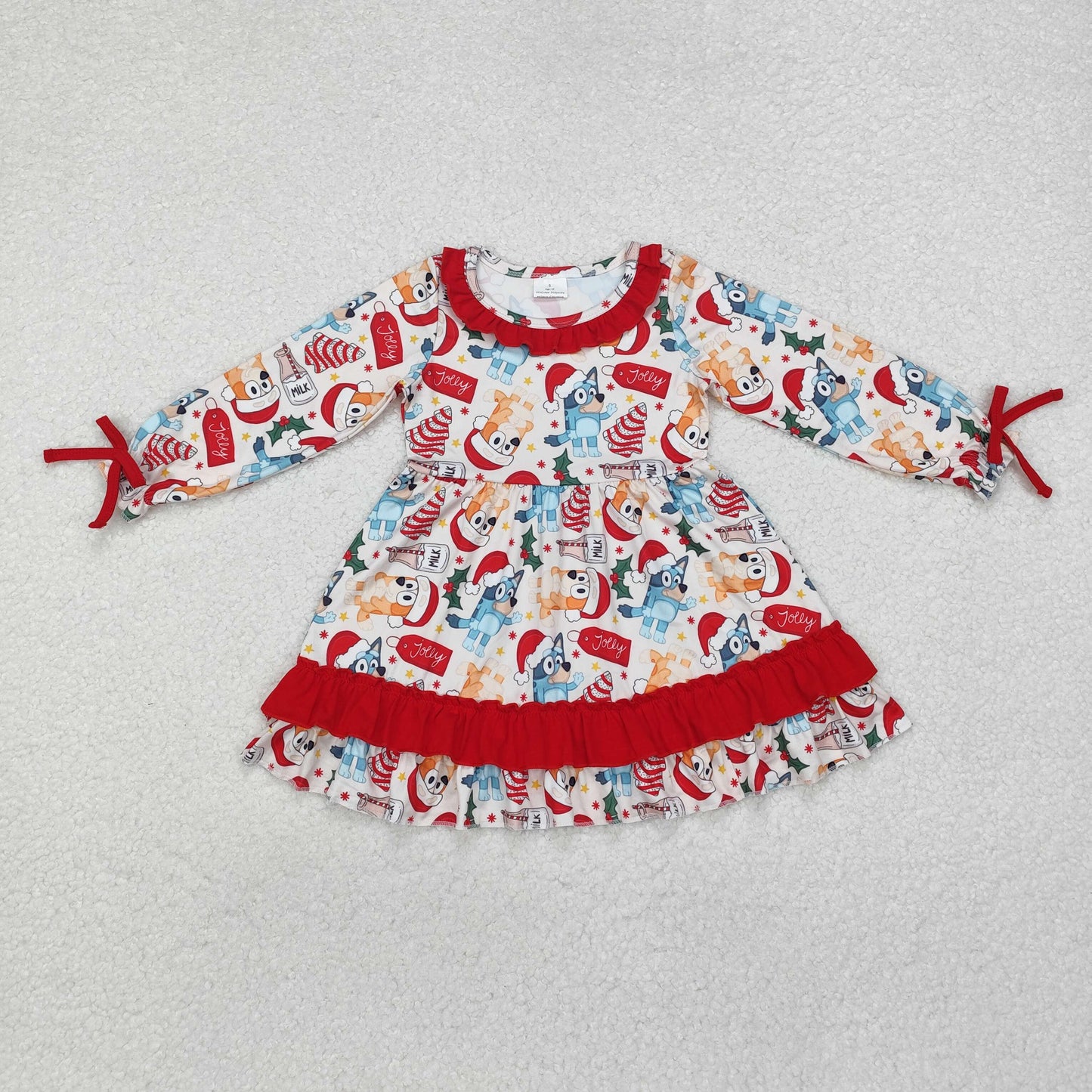 Baby Girl Long Sleeves Christmas Dogs Cake Ruffle Dress