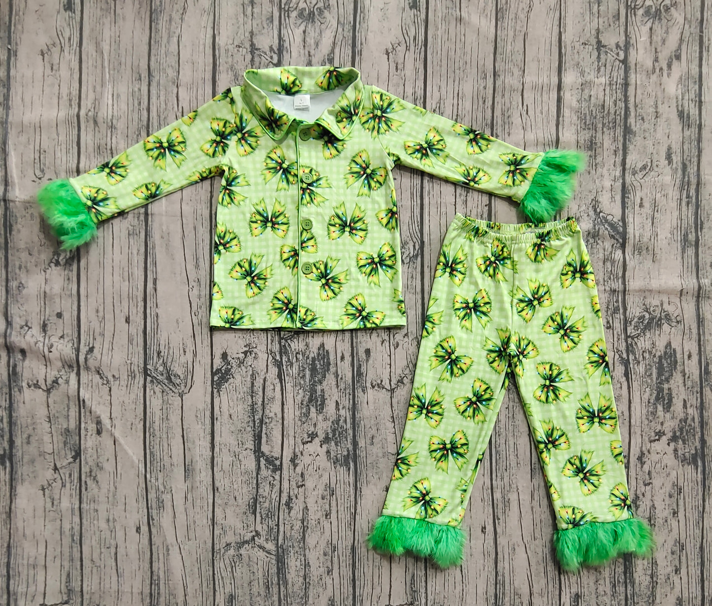 Baby Girl Fur Long Sleeves Bows Green Plaid Buttons Shirt Pants Christmas Pajamas Clothes Set RTS