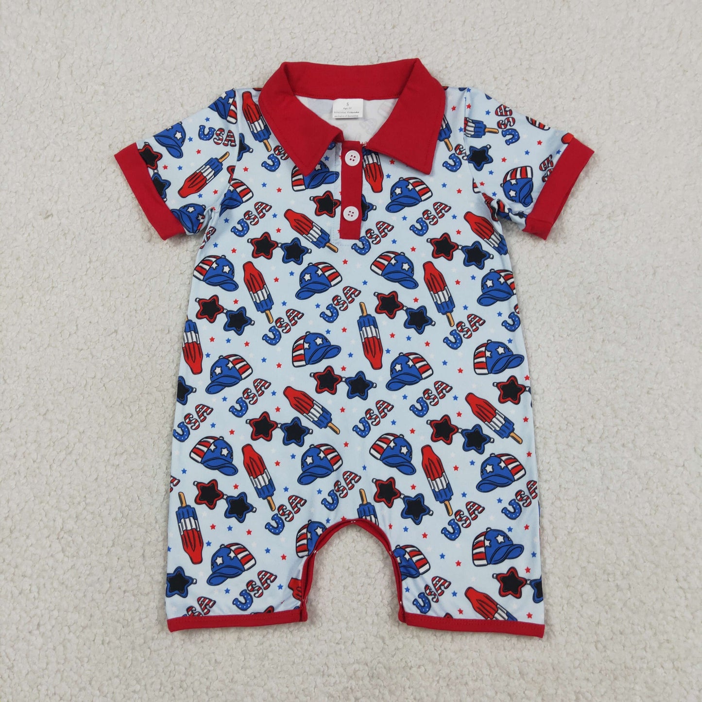 Baby Boys Short Sleeves Popsicle Stars USA 4th of July Buttons Romper RTS