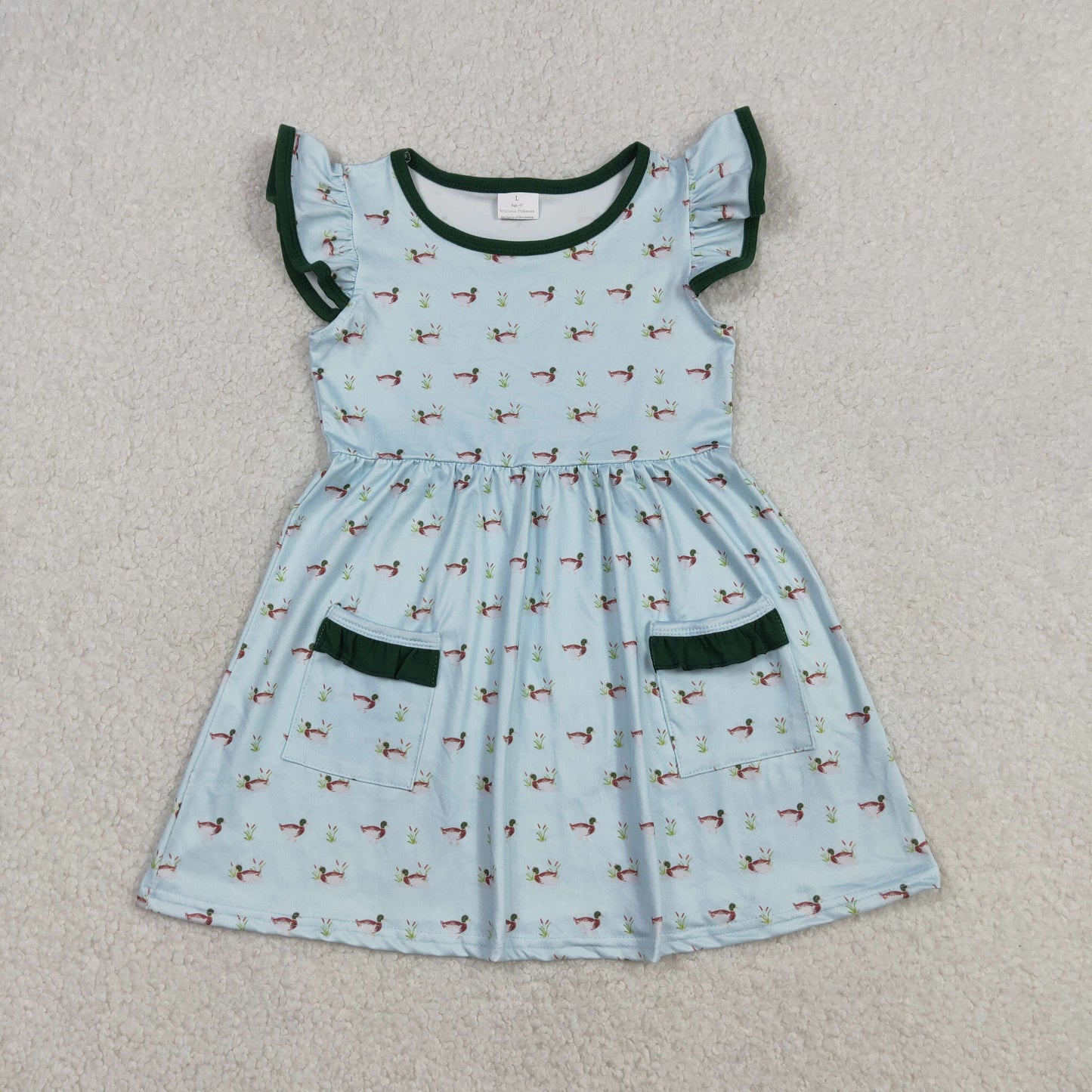 Baby Girls Kids Short Sleeves Ducks Pockets Knee Length Dress RTS