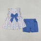 Baby Girl Sleeveless Floral Stripes Bow Tunic Blue Ruffle Shorts Summer Set RTS