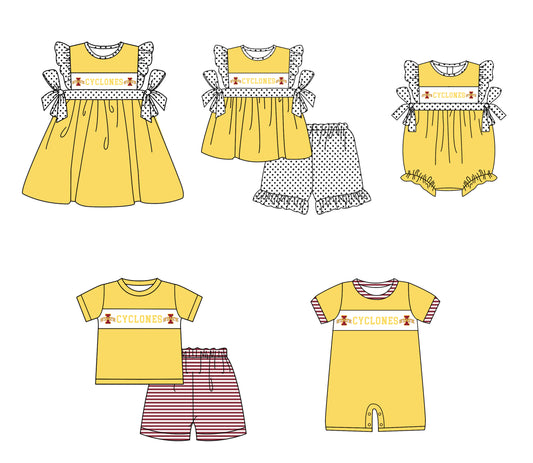 ( Moq 5 Each Style ) Baby Boys Girls Short Sleeves Team Sibling Yellow Romper Dress Set