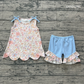 ( No moq ) Preorder Baby Girls Kids Sleeveless Flower Scallop Tops Blue Ruffle Shorts Summer Set