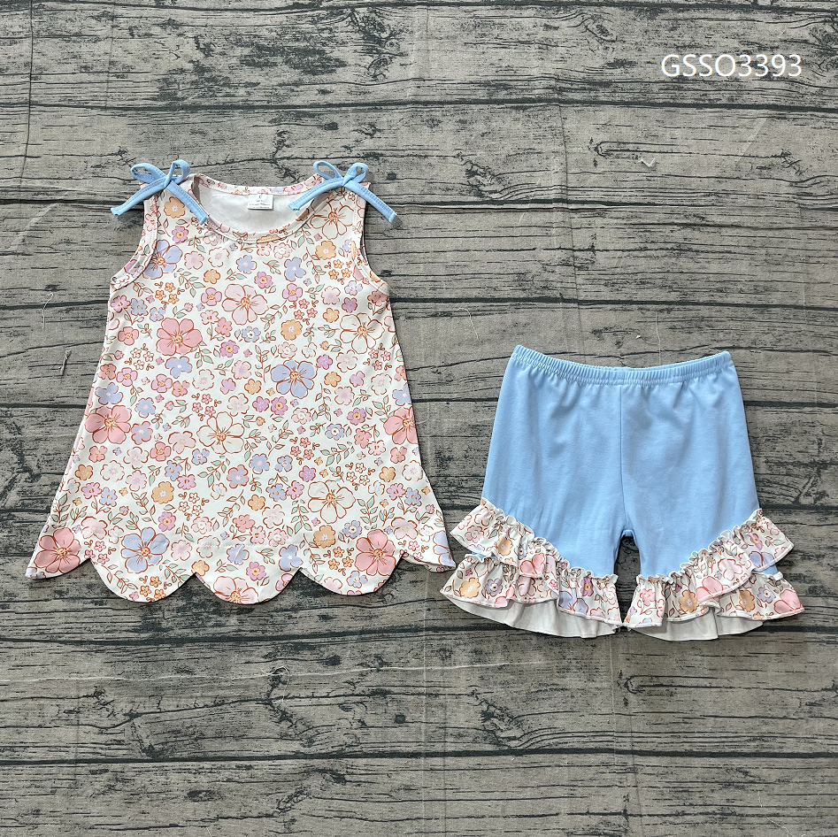 ( No moq ) Preorder Baby Girls Kids Sleeveless Flower Scallop Tops Blue Ruffle Shorts Summer Set
